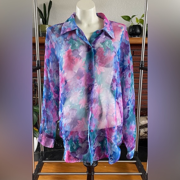 Vintage Pink And Blue Flower Blouse - Picture 2 of 5